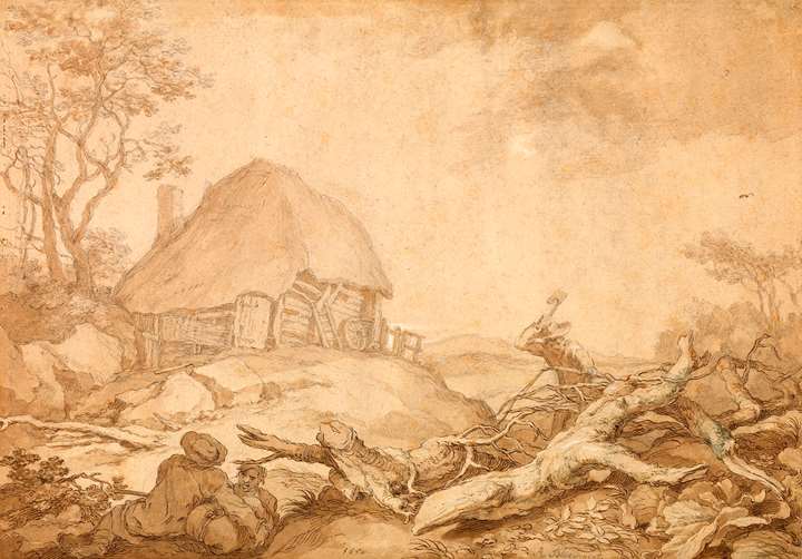 A thatched shed; a woodcutter and resting peasants in the foreground